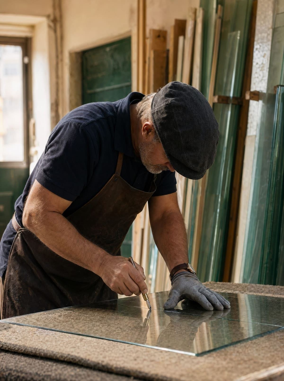 Glaszuschnitt in der Werkstatt MK Glas in der Hickelgasse 20, Mahmut Koca